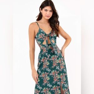 Floral print satin tie front midi dress